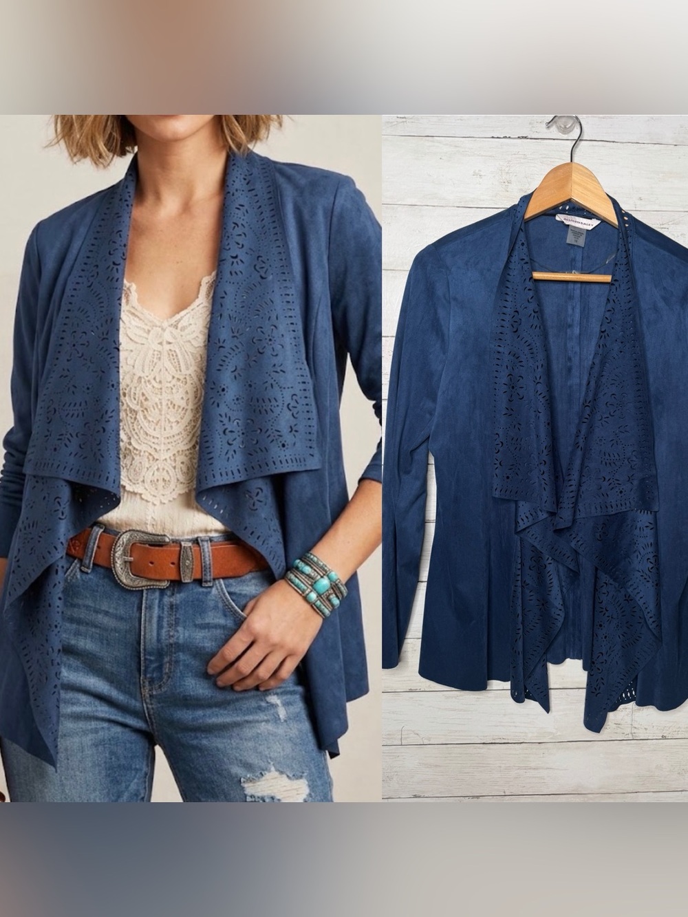 Allison Daley Blue Faux Suede Laser Cut Open Front Cardigan Blazer Top Size 10
